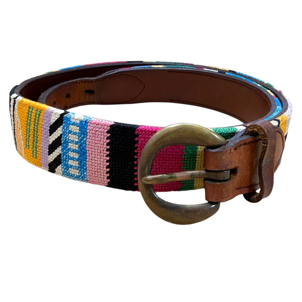 Women's Needlepoint Belt Multicolor Leather Trim Brass Buckle Preppy 34